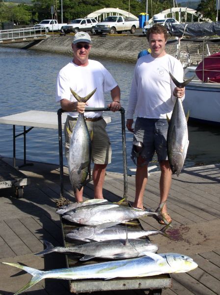 2-21-08
Bill and John got a few Yellowfin and then tried something a little different. They caught a 20 pound Ulua which is very rare for us and a nice Mahi Mahi. Sometimes different is good.
