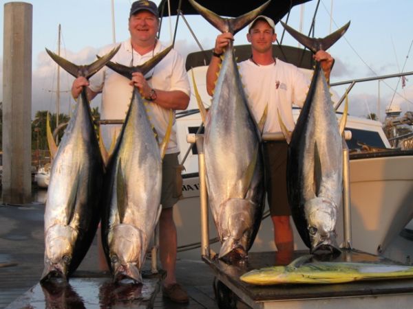 3/26/2010
AHI AHI AHI AHI!!!. All RIGHT! Joe and James are two great anglers. They never missed a beat and put the hurt on four fat Yellowfin Tuna. Nice work guys!
