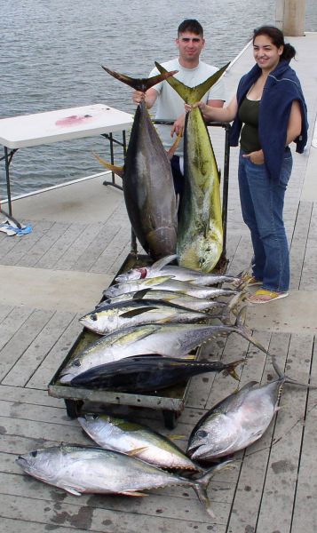 Foxy Lady 4-26-07
At 98 pounds Joe's Yellowfin Tuna is the biggest for the year and just 2 pounds from being a regulation Ahi. Looks like this might be a good year for Yellowfin. Allison's big bull Mahi Mahi put up a great fight too. 
