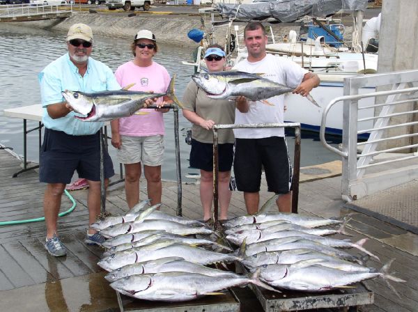 5-13-08
15 Yellowfin Tunas! Mark, Deann, Amanda and Jacob had to reschedule thier trip last week due to some bad weather. Well, the weather got better and the fishing was great! Thanks for your patience folks. It sure looks like you made the right move.


