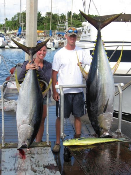5-19-2010
AHI AHI!!! Brandy and Brian with a nice pair of Yellowfin Tunas. 
