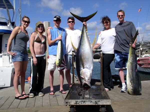 5-30-08
AHI!!! Congratulations to the Ingenluyff family for landing the biggest Yellowfin of the year (so far). Micheal's beautiful fish tipped the scales at 160#'s. The 40 pound Mahi Mahi was a great way to top off the day. Awesome job folks.
