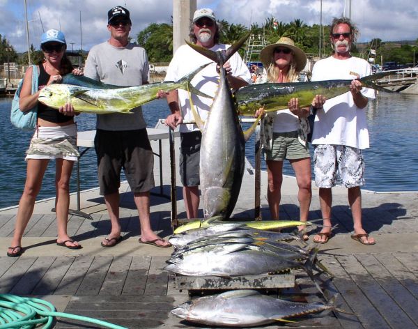 Foxy Lady 5-30-07
A 103# Ahi and a few fat Mahi Mahi! Nice job. But let's not forget about the cart load of respectable size tuna and mahi too. Robin, Balin, Mike, Vilia and Mike. Had a great day on the Foxy Lady.
Keywords: Hawaii sport fishing, deep sea fishing Oahu, Haleiwa fishing, Haleiwa charter, Oahu fishing, fishing in hawaii, fishing charters Hawaii, hawaii sportfishing, sportfising hawaii, chupu charters, Oahu sport fishing, sportfish hawaii