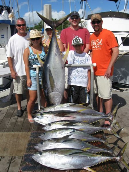6-14-2010
AHI! Mitch, Jordan, Matthew, Gloria, Jerred and Carlos and a cart load of fat Yellowfin Tunas! Nice work.
