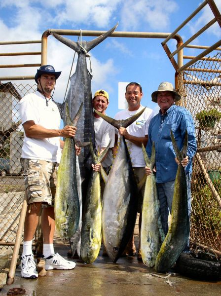 Foxy Lady 7-12-05
A REGULATION "Clean Sweep"!! Steve, Bill, Dave and Phil were happy with the 4 big Mahi Mahi. The 125 pound Ahi, 150 pound Marlin and 25 pound Ono made a great day even better. Thanks for the great day guys see you next year.
