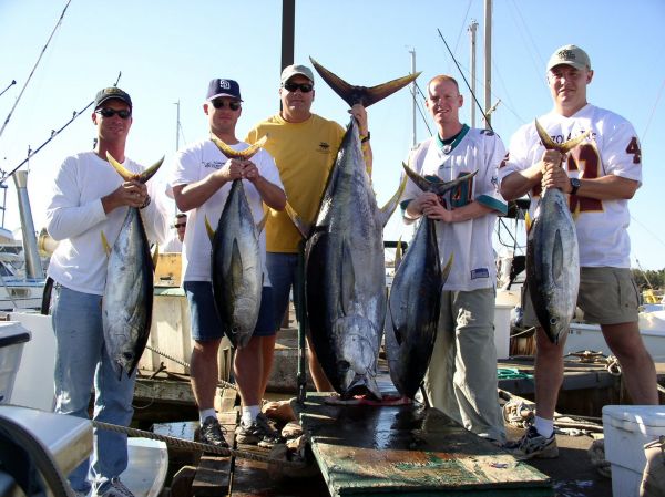 Foxy Lady 7-18-06
Ryan, Dean, Travis, Eric and Jason had a great day on the water. The Yellowfin just kept getting bigger! The 1st one was 25#'s and the last one was 162#'s!!  Nice work guys, be safe in Iraq. 

