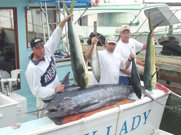 2-16-04
Marty, Eric and Dan caught a few Tuna and Mahi then watched a nice Bule Marlin put on a great show.
