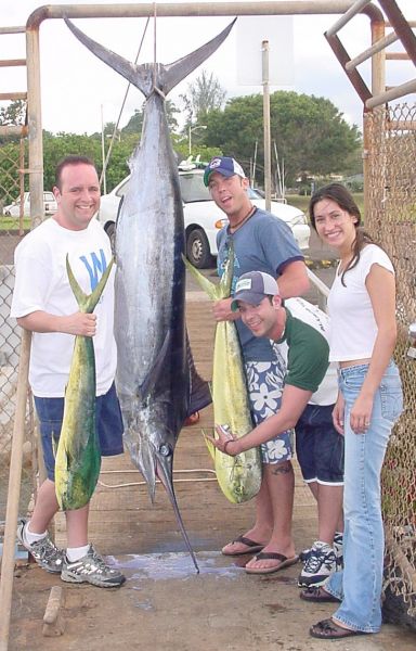 3-11-04 Tom, Jeremy, Mike "The Mad Greek" and Teresa.
This is no fish story. While pulling up a FAD bouy we heard a report of a "small" Striped Marlin crashing some bait. We decided to have some fun with the "little" guy and hook him on light line. The bait went out on 80# test with no leader. The fish that bit was no "little" striper. After 2 1/2 hours going toe to toe with a Blue Marlin weighing every bit of 350 pounds the fish finally won. You can't keep a good crew down so we went back to the FAD and beat up on this 150 pound Blue Marlin as pay back baby
